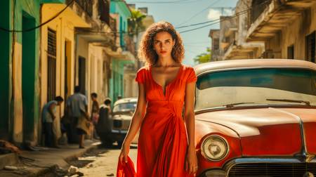 Portrait einer Frau in rot auf der Strassen von Havana, Cuba.