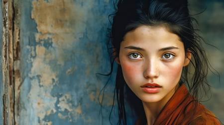 Portrait eines Mädchen in China mit blauer Wand als Hintergrund