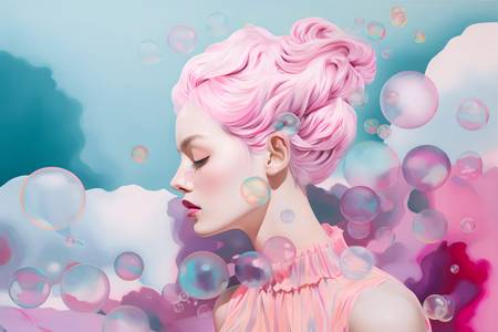Portrait, Frau mit rosa Haaren, Manga, Bunt, Digital, Wolken
