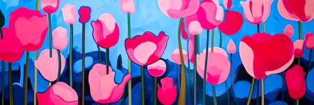 Rote und pinke Tulpen erheben sich vor einem lebendigen blauen Hintergrund in einer abstrakten und s
