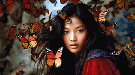 Tibetanisches Mädchen und Schmetterlinge. Menschen und Träume.  