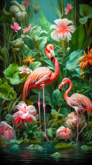 Zwei rosafarbene Flamingos inmitten eines üppigen Regenwaldes mit exotischen Blumen und Pflanzen