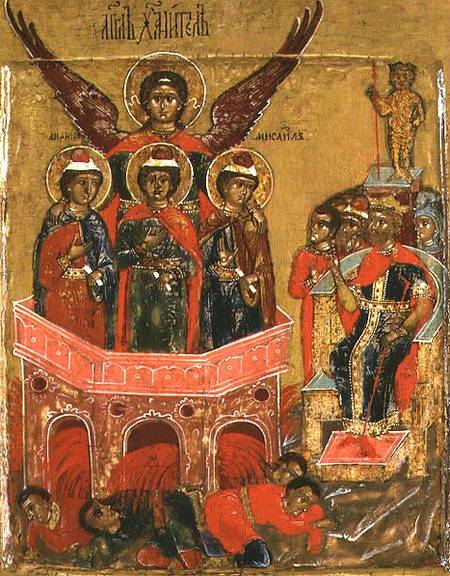 Russian icon depicting Shadrach, Meshach and Abednego in the Fiery Furnace from Moscow school