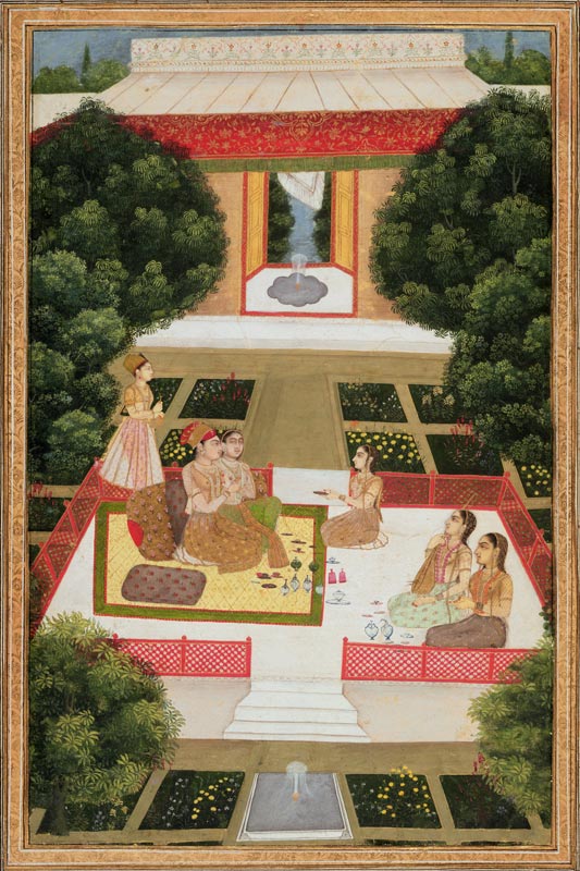 A couple in a garden listening to music with female attendants, from the Small Clive Album from Mughal School