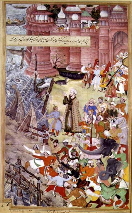 A Bridge of boats broken by Akbar (r.1556-1605) on his elephant while crossing the river Jumna, from from Mughal School