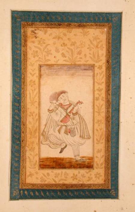 A dancing Sarangi player, musician of the Mughal court, from the Large Clive Album from Mughal School
