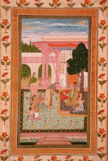 Emperor Jahangir (1569-1627) with his consort and attendants in a garden, from the Small Clive Album from Mughal School