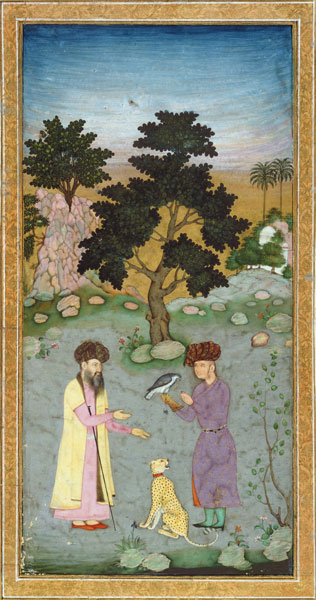 Falconer with companion and pet cheetah, from the Small Clive Album from Mughal School