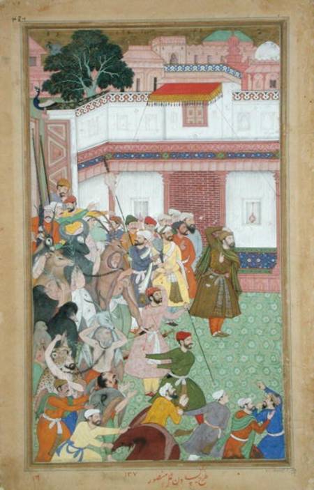 Fatepur Sikiri, 1573: Hasain Quli Khan-l Jahan presenting his prisoners to Emperor Akbar (r.1556-160 from Mughal School