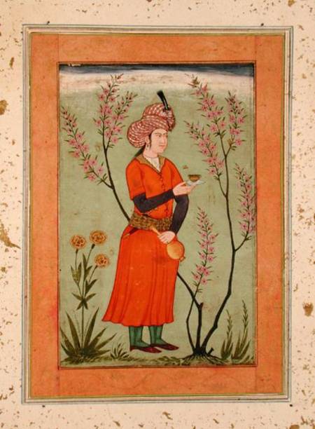 Iranian princely figure holding a cup and flask, from the Large Clive Album from Mughal School