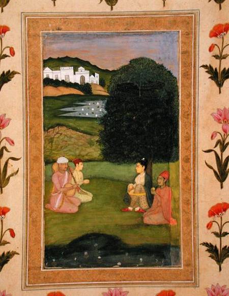 Lady and attendant listening to music at sunset, from the Small Clive Album from Mughal School