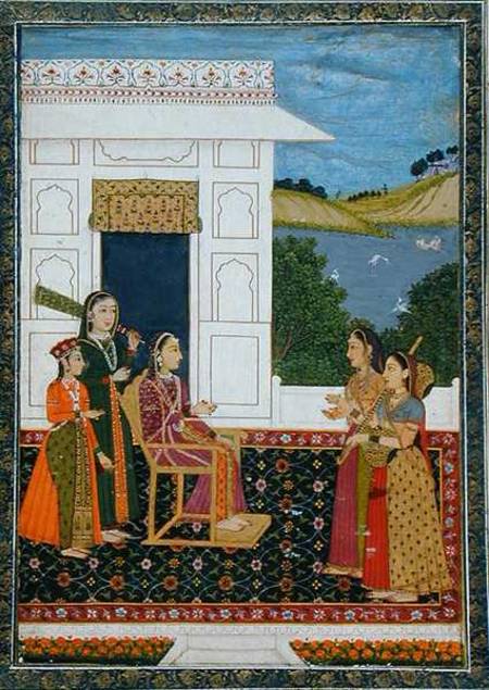 A lady with attendants on a terrace, from the Small Clive Album from Mughal School
