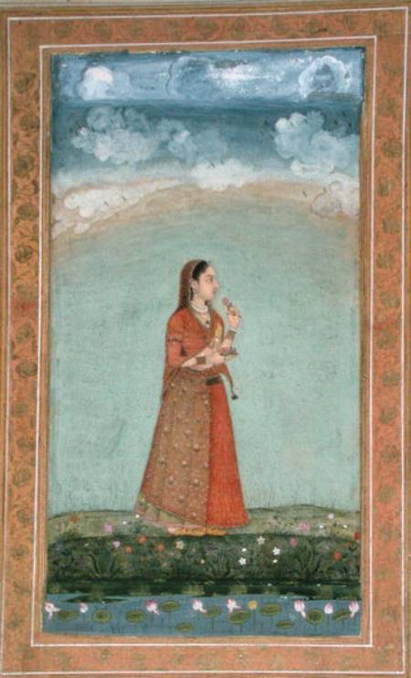 Lady holding a bowl of rose flowers, from the Small Clive Album from Mughal School