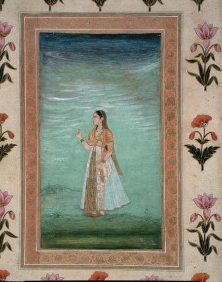Lady holding a flower, from the Small Clive Album from Mughal School