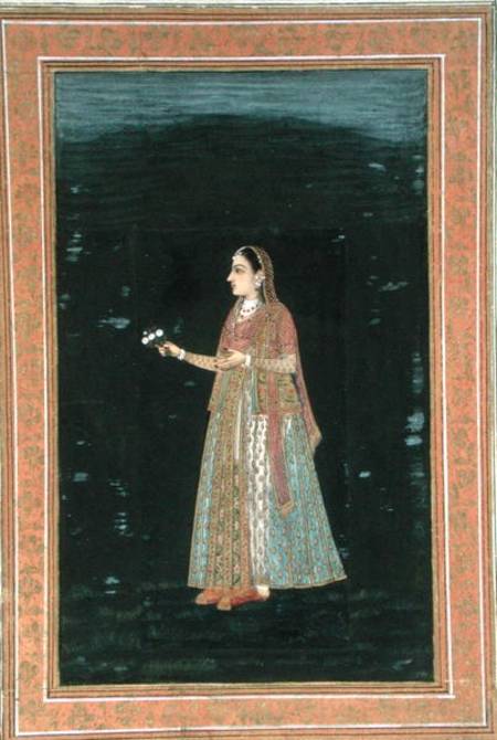 Lady holding flowers, from the Small Clive Album from Mughal School