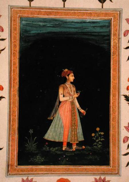 Lady holding a wine flask and glass at night, from the Small Clive Album from Mughal School