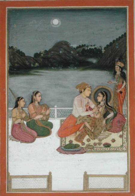 Lovers on a terrace by a moonlit lake, from the Small Clive Album from Mughal School