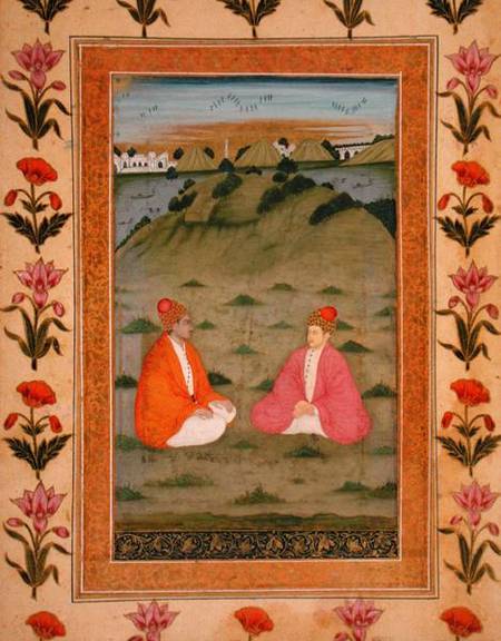 Two nobles seated in a landscape, from the Small Clive Album from Mughal School