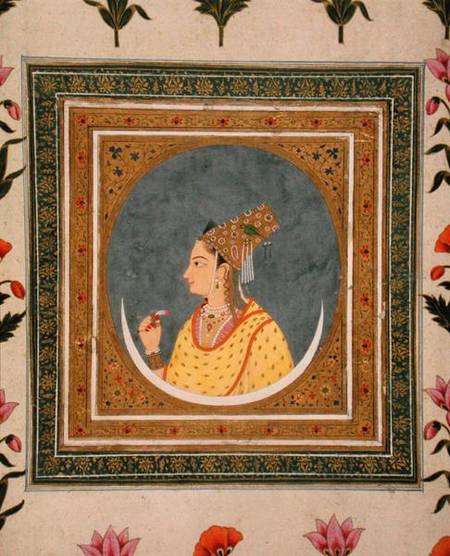 Portrait of a lady holding a lotus petal, from the Small Clive Album from Mughal School
