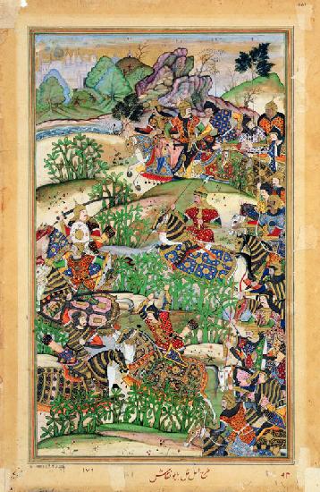 Emperor Akbar (r.1556-1605) at the battle of Samal in 1572, from the 'Akbarnama' made by Abu'l Fazi