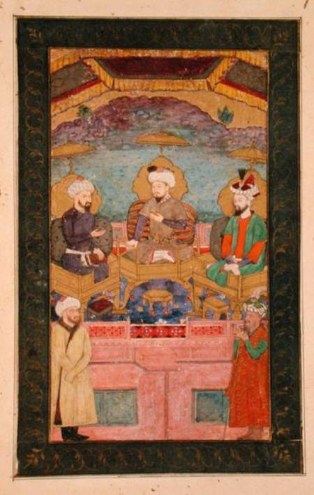Timur (1336-1405), Babur (1483-1530, r.1526-30) and Humayan (1508-56, r.1530-56) enthroned together, from Mughal School