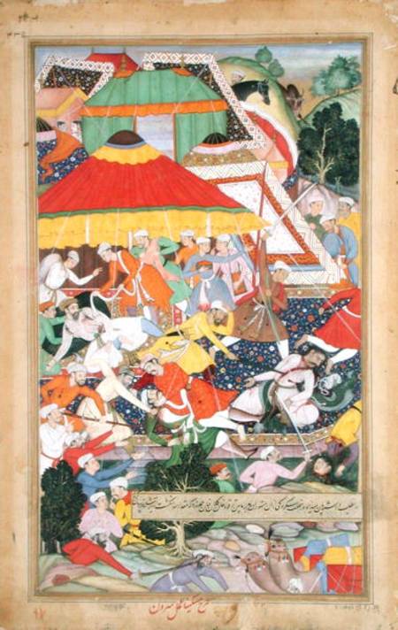 The Wounding of Kilan Khan by a Rajiput during his march to Gujerat in 1573, from the 'Akbarnama' ma from Mughal School