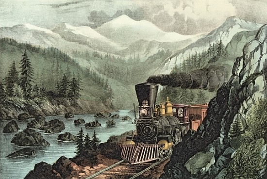 The Route to California. Truckee River, Sierra Nevada. Central Pacific railway from N. Currier
