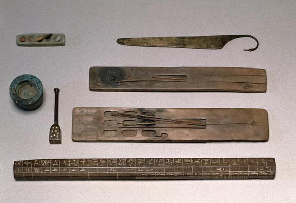 A scribe's instruments (wood, ivory, bronze and enamel) from New Kingdom Egyptian