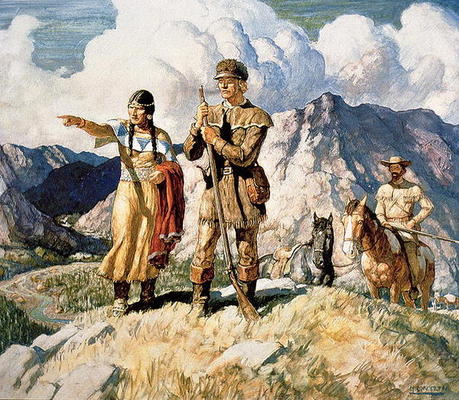 Sacagawea with Lewis and Clark during their expedition of 1804-06 (colour litho) from Newell Convers Wyeth