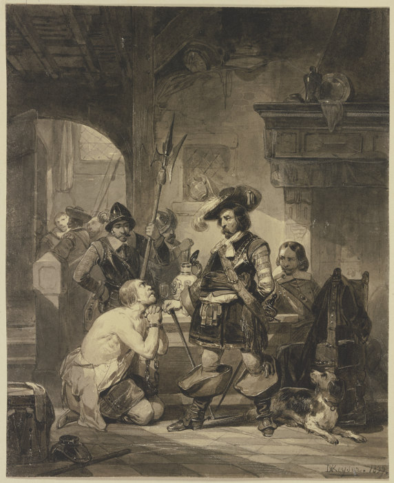 Eine Wachstube, auf den Knien ein Ketten Geschlagener einen Befehlshaber anflehend from Nicaise de Keyser