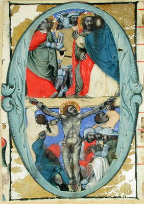Historiated initial 'O' depicting the Kiss of Judas and the Crucifixion, c.1370 (vellum) from Niccolo di Giacomo