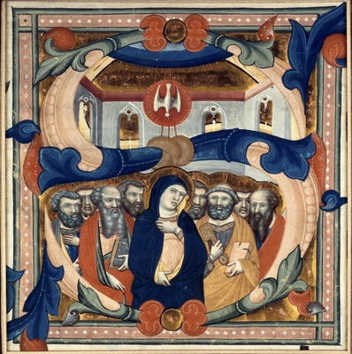 Historiated initial 'S' depicting the Descent of the Holy Spirit, mid 14th century (vellum) from Niccolo di ser Sozzo Tegliacci