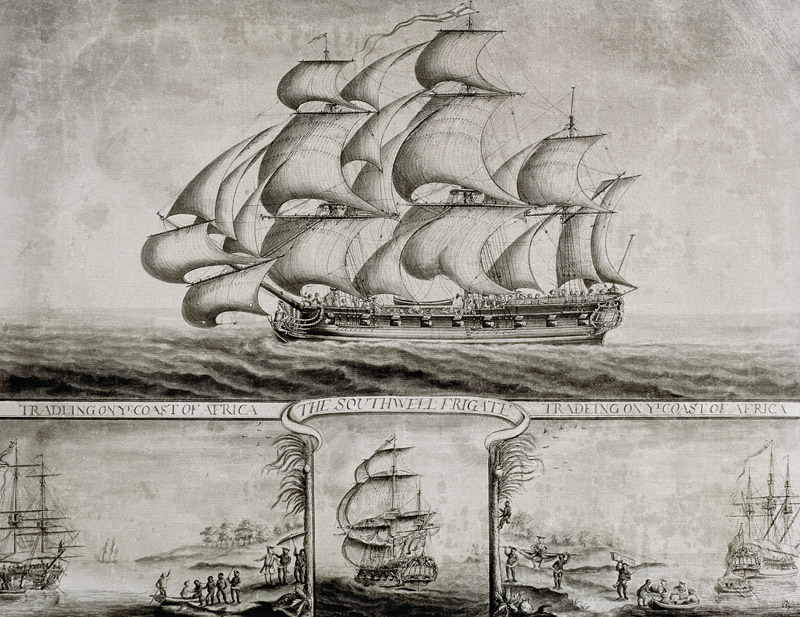 View of the Southwell Frigate Trading on the Coast of Africa, c.1760 (pen & ink and wash) from Nicholas Pocock