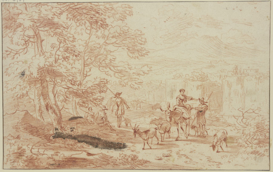 Am Saum eines Waldes lagern Jäger, dabei ein Hirte und eine Hirtin auf einem Esel mit zwei Schafen u from Nicolaes Berchem