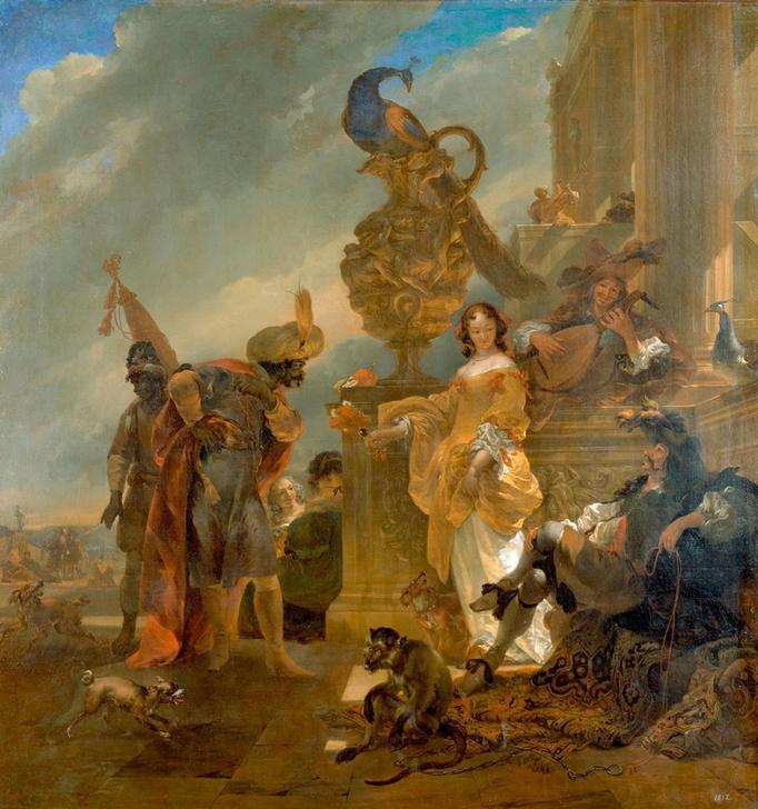 A trader receiving a moor at a palace on the harbour from Nicolaes Berchem