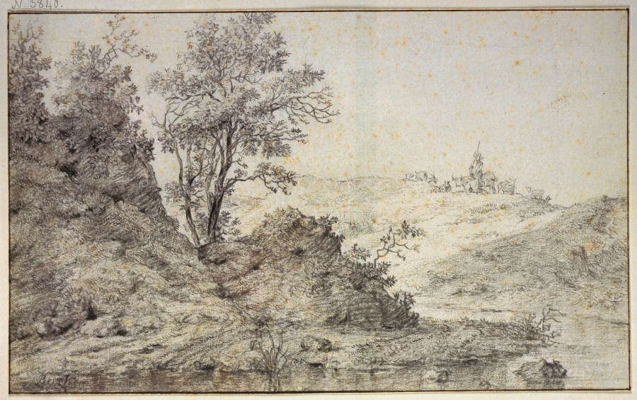 Landschaft mit Wasser, auf dem Hügel Hirte und Hirtin mit Vieh from Nicolaes Berchem