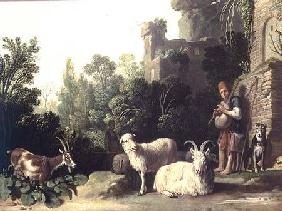 Goatherd playing the bagpipes (panel)