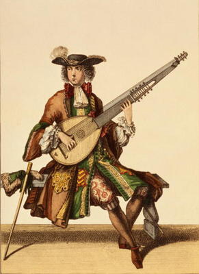 Gentleman Playing the Angelica, fashion plate, c.1695 (engraving) from Nicolas Bonnart