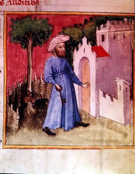 Allegorical illustration showing an Arab unlocking the gate of Knowledge, reputedly written and illu from Nicolas Flamel