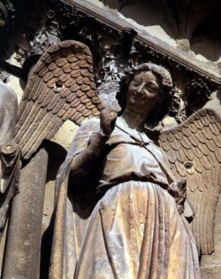 Detail of one of St. Nicaise's angels, sculpture from exterior West Facade, 14th century (stone) from 