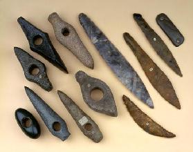 Collection of Neolithic to early Bronze Age weapon heads including a Danish flint leaf-shaped dagger