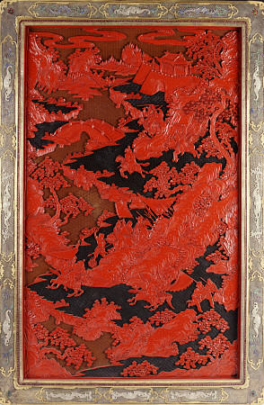 A Filigree Framed Red Lacquer Panel Depicting Warriors On Horseback And Mythical Animals In A Landca from 