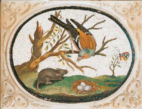 An oval-shaped medallion with a mosaic representing a bird on the branch of a tree, a mouse, a meado