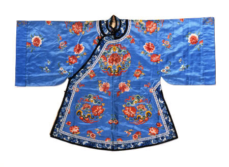An Informal Robe Of Forget-Me-Not Blue Satin, Embroidered In Silks With Peony And Buttterfly Roundel from 