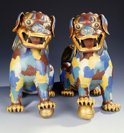 A Pair Of Cloisonne Enamel Buddhistic Lions from 