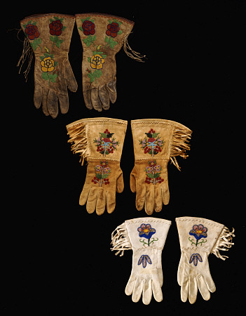 A Pair Of Nez Perce Beaded Hide Gauntlet And  Two Pairs Of Plains Beaded Hide Gauntlets from 