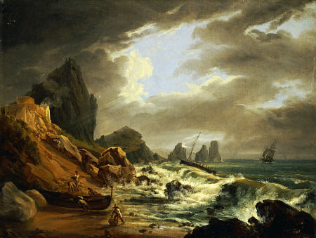 A Rocky Coastal Landscape With Figures On A Beach from 