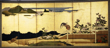 A Six-Panel Screen Painted In Ink, Colour And Gofun On Gold Paper With A Cockerel Perched On A Fence from 