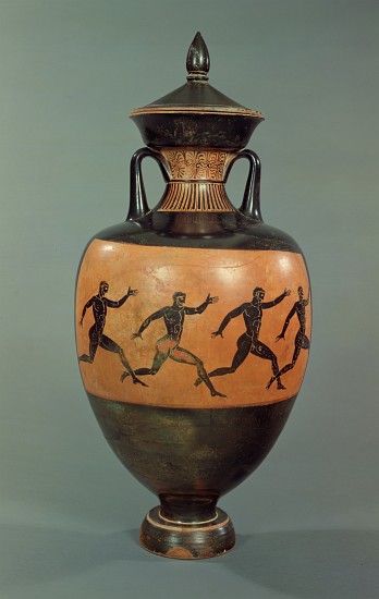 Attic black-figure Panathenaic amphora decorated with running men, Greek from 
