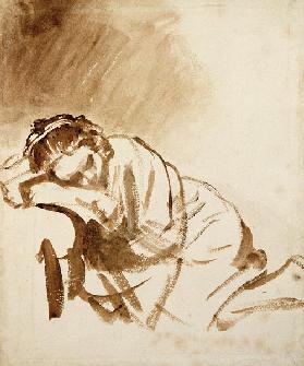 A Young Woman Sleeping (Hendrijke Stoffels) c.1654 (brush & brown wash on paper)